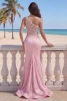 Load image into Gallery viewer, Pink Mermaid Cut Out One Shoulder Ruched Long Prom Dress with Pearls