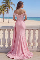 Load image into Gallery viewer, Pink Off the Shoulder Mermaid Fringed Long Prom Dress with Pearls