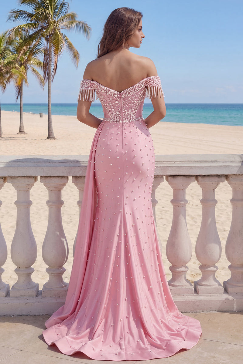 Load image into Gallery viewer, Pink Off the Shoulder Mermaid Fringed Long Prom Dress with Pearls