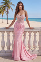 Load image into Gallery viewer, Pink Corset Strapless Mermaid Ruched Long Prom Dress with Pearls