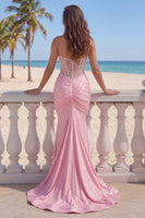 Load image into Gallery viewer, Pink Corset Strapless Mermaid Ruched Long Prom Dress with Pearls