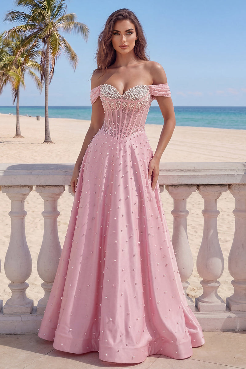 Load image into Gallery viewer, A Line Off the Shoulder Corset Pink Long Prom Dress with Pearls