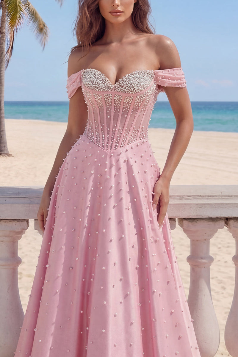 Load image into Gallery viewer, A Line Off the Shoulder Corset Pink Long Prom Dress with Pearls
