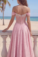Load image into Gallery viewer, A Line Off the Shoulder Corset Pink Long Prom Dress with Pearls