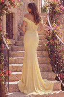 Load image into Gallery viewer, Mermaid Butter Yellow Corset Off the Shoulder Long Prom Dress with Pearls