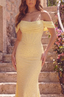 Load image into Gallery viewer, Mermaid Butter Yellow Corset Off the Shoulder Long Prom Dress with Pearls