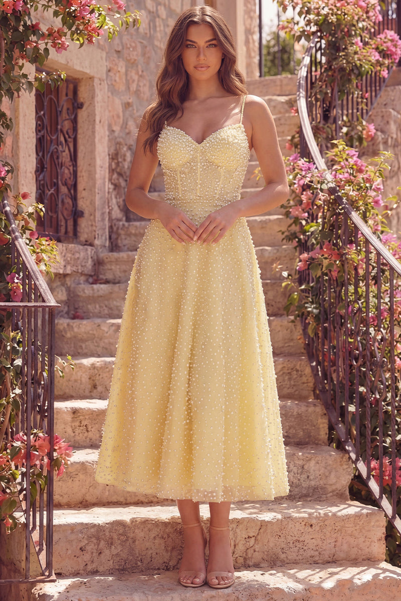 Load image into Gallery viewer, A Line Butter Yellow Corset Spaghetti Straps Maxi Prom Dress with Pearls
