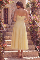 Load image into Gallery viewer, A Line Butter Yellow Corset Spaghetti Straps Maxi Prom Dress with Pearls