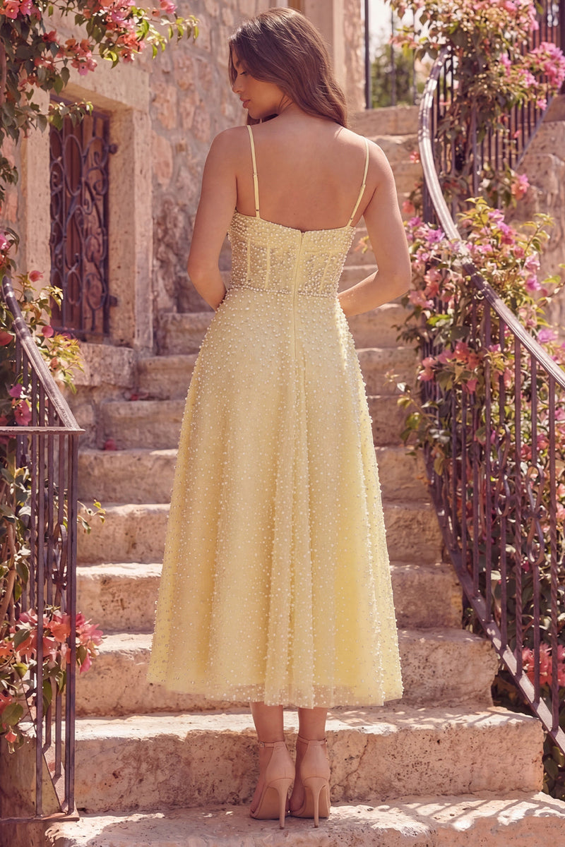 Load image into Gallery viewer, A Line Butter Yellow Corset Spaghetti Straps Maxi Prom Dress with Pearls