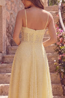 Load image into Gallery viewer, A Line Butter Yellow Corset Spaghetti Straps Maxi Prom Dress with Pearls