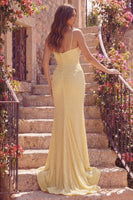 Load image into Gallery viewer, Ruched Strapless Mermaid Butter Yellow Long Prom Dress with Pearls