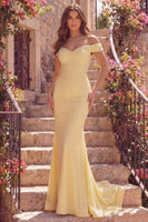 Load image into Gallery viewer, Off the Shoulder Mermaid Yellow Long Prom Dress with Pearls
