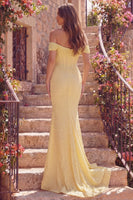 Load image into Gallery viewer, Off the Shoulder Mermaid Yellow Long Prom Dress with Pearls