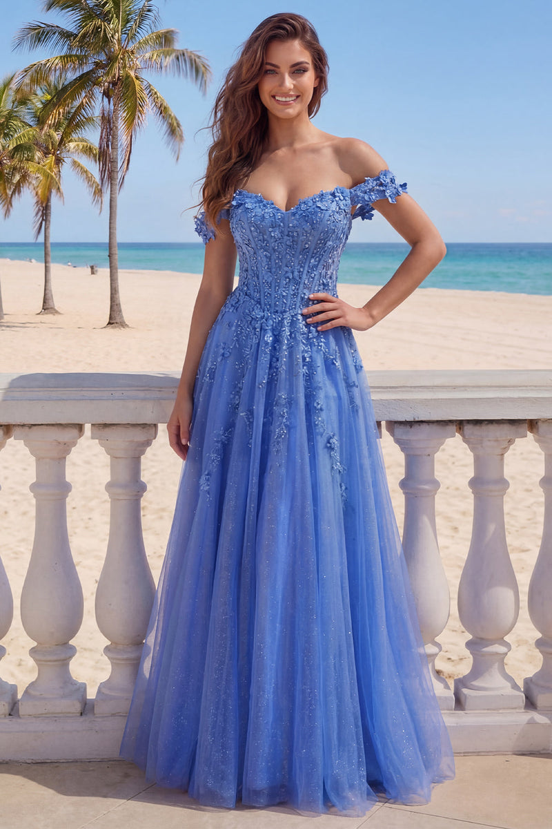 Load image into Gallery viewer, A Line Glitter Corset Floral Dark Blue Beaded Long Prom Dress