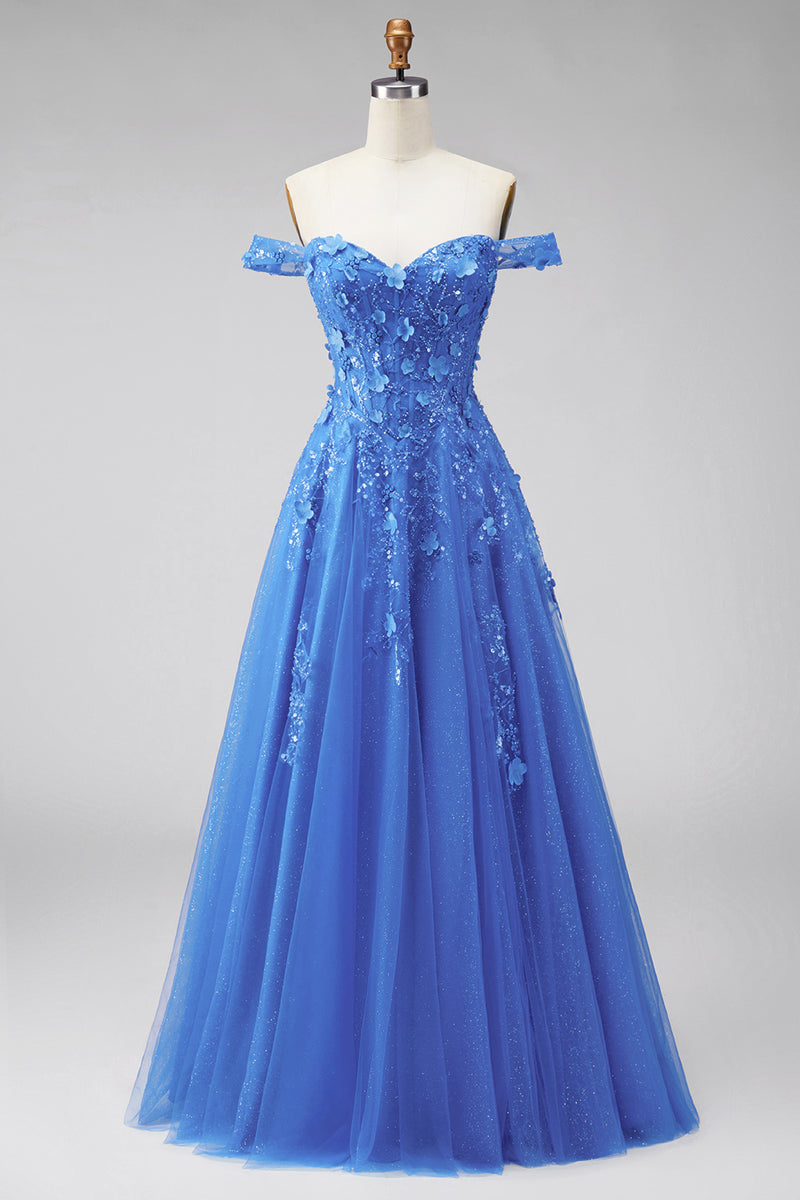 Load image into Gallery viewer, A Line Glitter Corset Floral Dark Blue Beaded Long Prom Dress