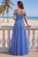 Load image into Gallery viewer, A Line Glitter Corset Floral Dark Blue Beaded Long Prom Dress