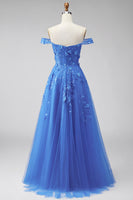 Load image into Gallery viewer, A Line Glitter Corset Floral Dark Blue Beaded Long Prom Dress