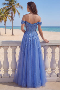 A Line Glitter Corset Floral Dark Blue Beaded Long Prom Dress