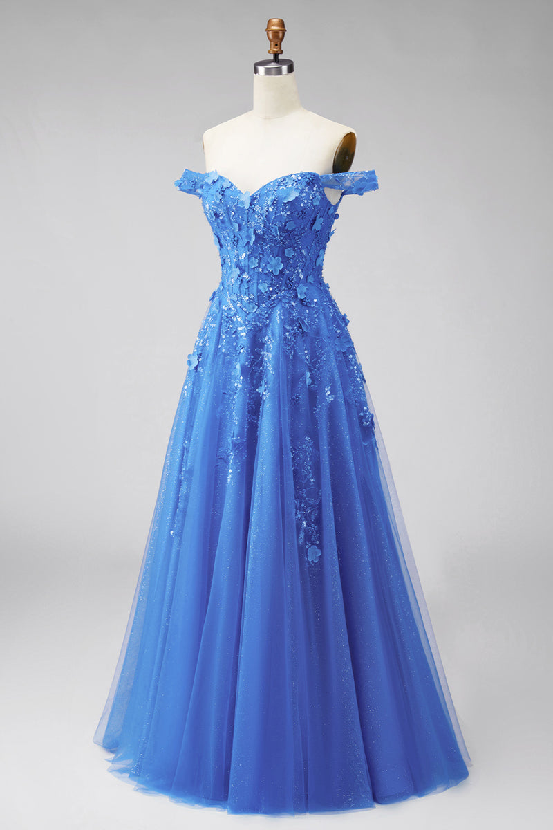 Load image into Gallery viewer, A Line Glitter Corset Floral Dark Blue Beaded Long Prom Dress