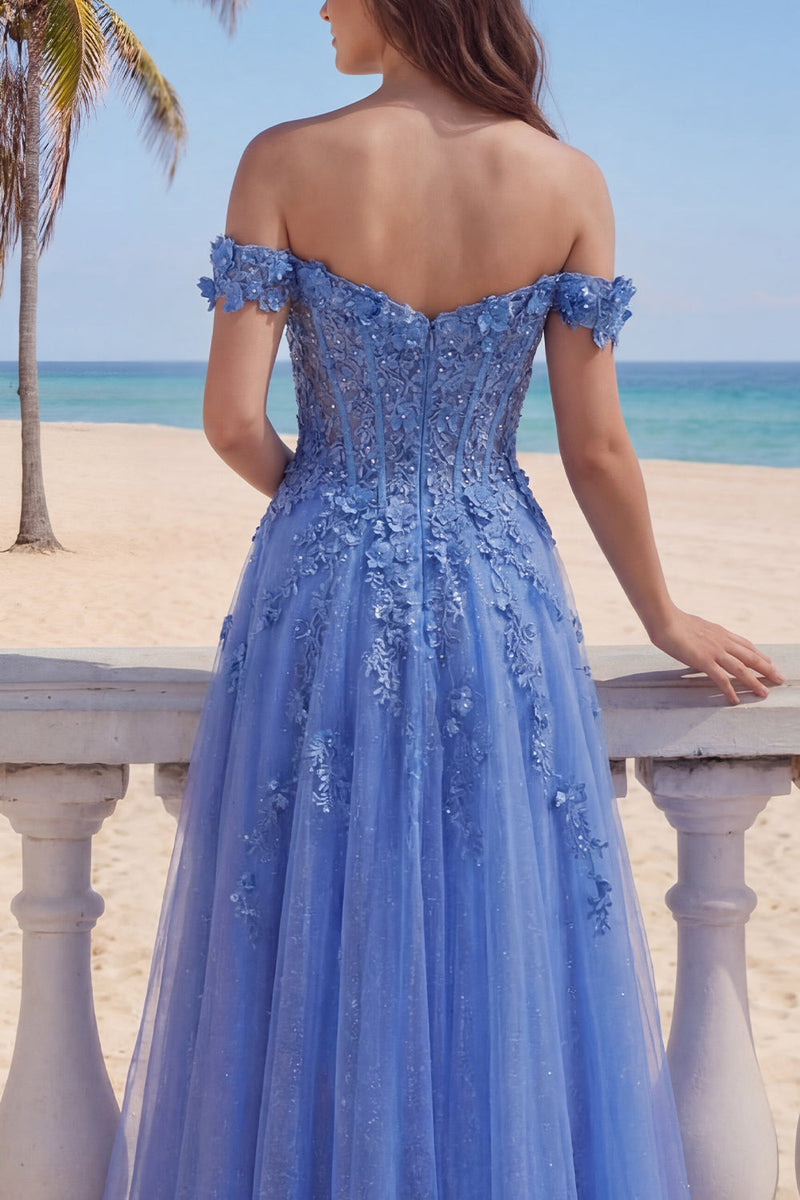 Load image into Gallery viewer, A Line Glitter Corset Floral Dark Blue Beaded Long Prom Dress