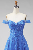 Load image into Gallery viewer, A Line Glitter Corset Floral Dark Blue Beaded Long Prom Dress