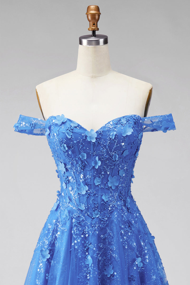 Load image into Gallery viewer, A Line Glitter Corset Floral Dark Blue Beaded Long Prom Dress
