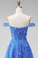 Load image into Gallery viewer, A Line Glitter Corset Floral Dark Blue Beaded Long Prom Dress