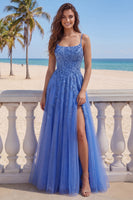 Load image into Gallery viewer, Corset Floral Beaded Dark Blue Sparkly A Line Long Prom Dress with Slit