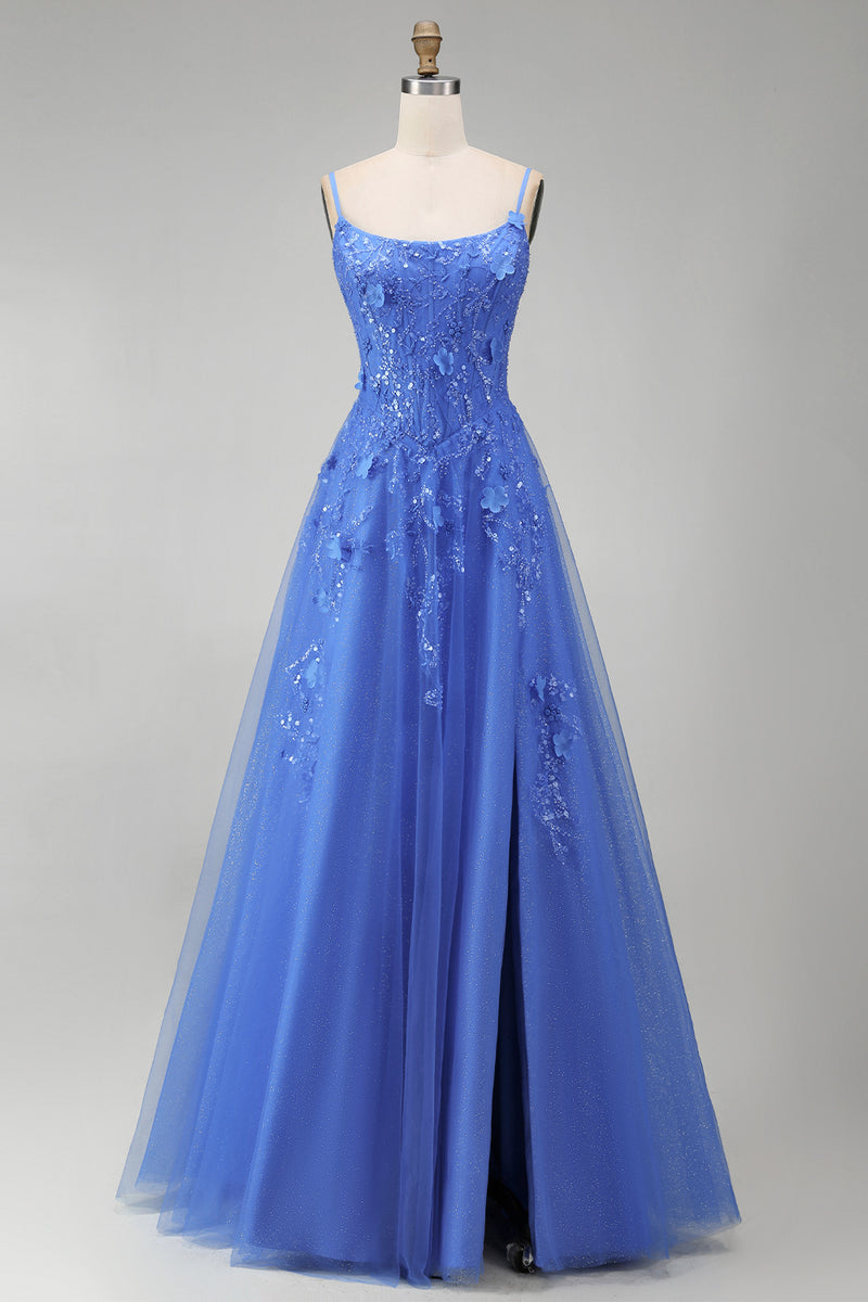 Load image into Gallery viewer, Corset Floral Beaded Dark Blue Sparkly A Line Long Prom Dress with Slit