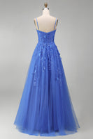 Load image into Gallery viewer, Corset Floral Beaded Dark Blue Sparkly A Line Long Prom Dress with Slit
