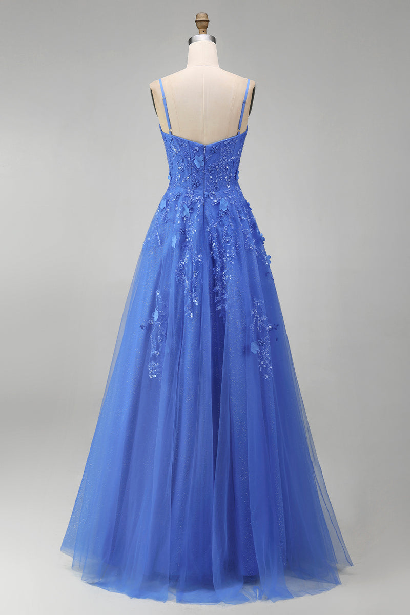Load image into Gallery viewer, Corset Floral Beaded Dark Blue Sparkly A Line Long Prom Dress with Slit