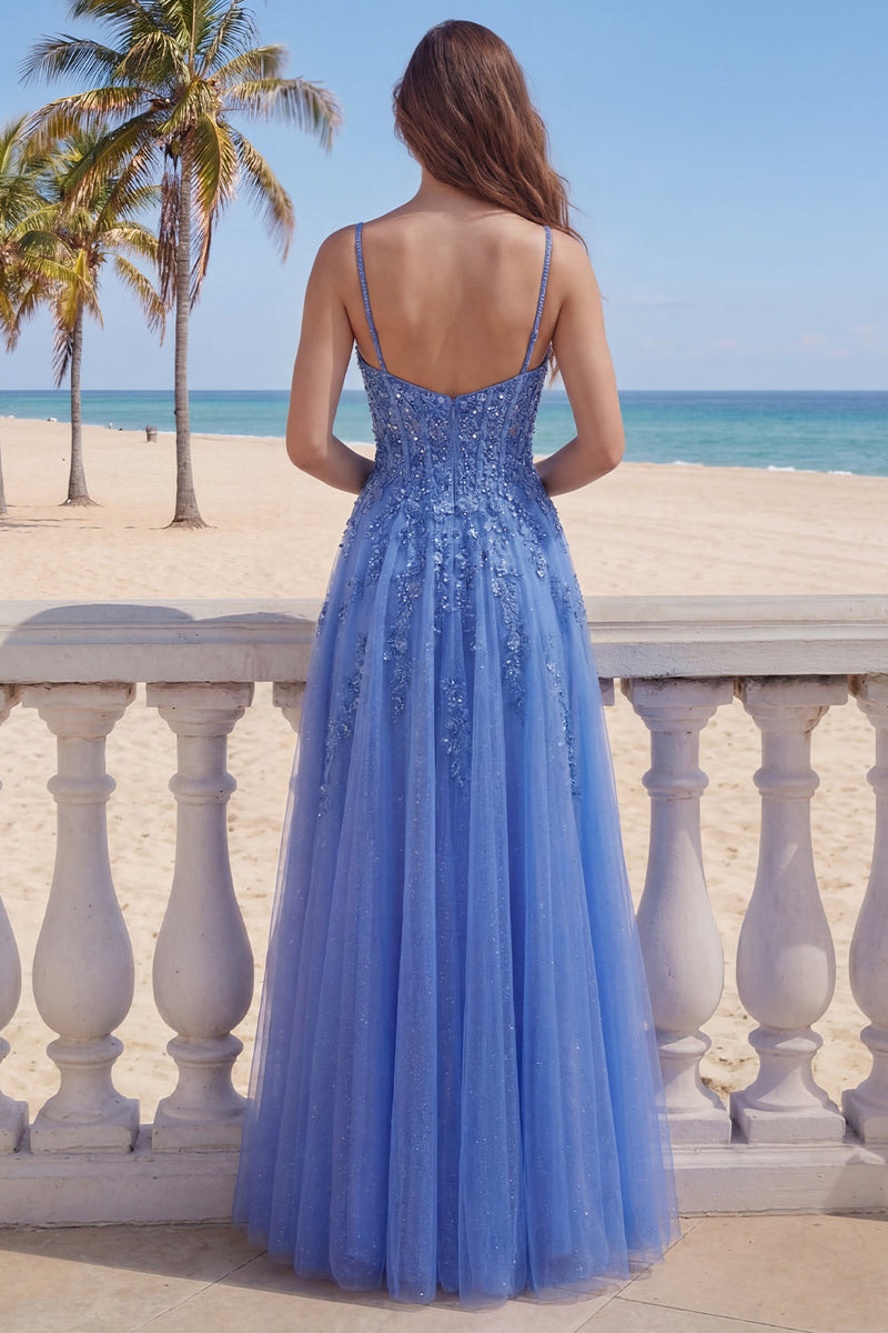 Load image into Gallery viewer, Corset Floral Beaded Dark Blue Sparkly A Line Long Prom Dress with Slit