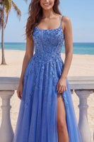 Load image into Gallery viewer, Corset Floral Beaded Dark Blue Sparkly A Line Long Prom Dress with Slit