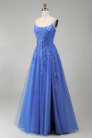 Load image into Gallery viewer, Corset Floral Beaded Dark Blue Sparkly A Line Long Prom Dress with Slit