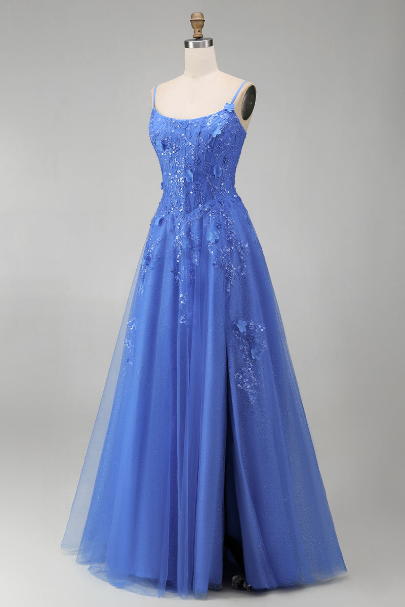 Load image into Gallery viewer, Corset Floral Beaded Dark Blue Sparkly A Line Long Prom Dress with Slit