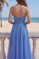 Load image into Gallery viewer, Corset Floral Beaded Dark Blue Sparkly A Line Long Prom Dress with Slit