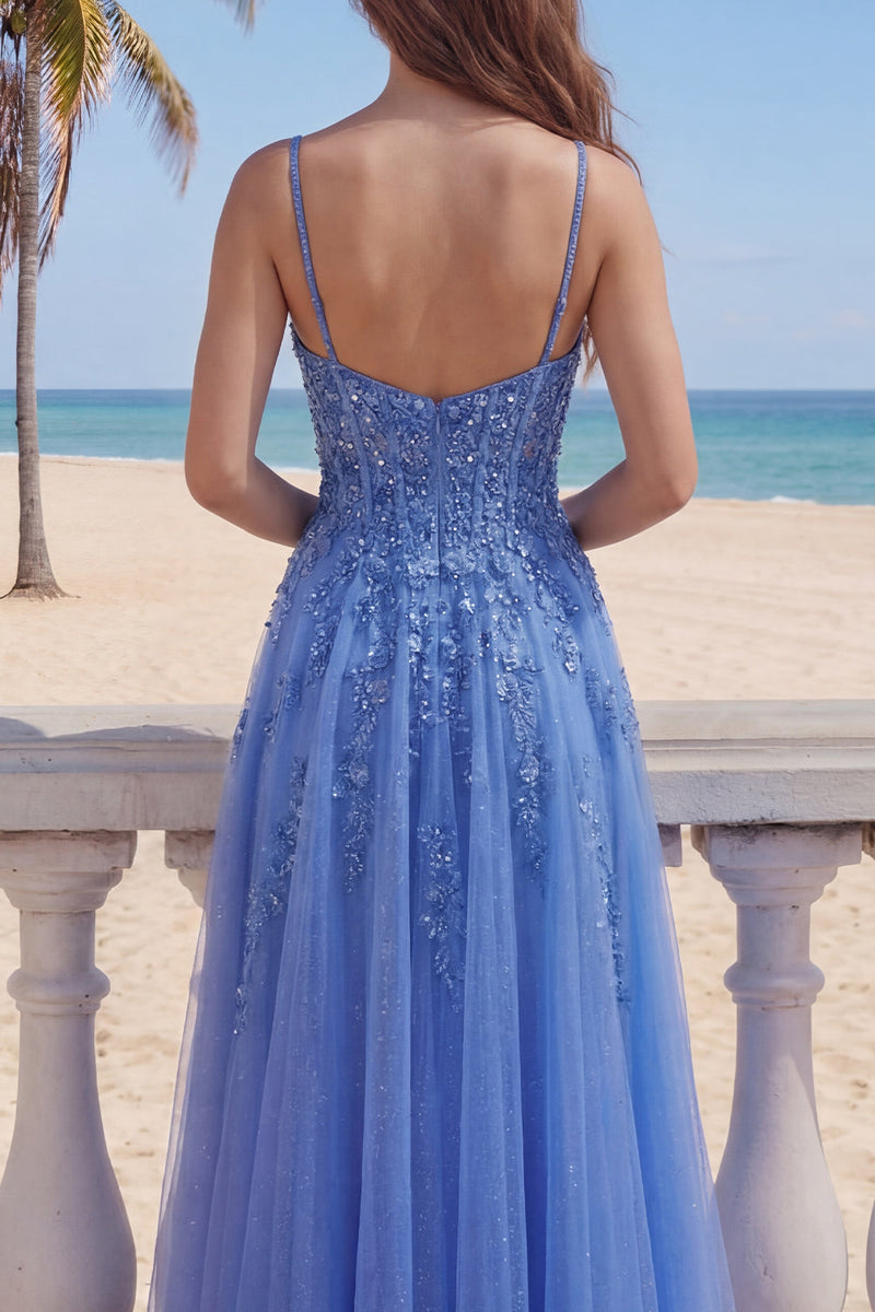 Load image into Gallery viewer, Corset Floral Beaded Dark Blue Sparkly A Line Long Prom Dress with Slit