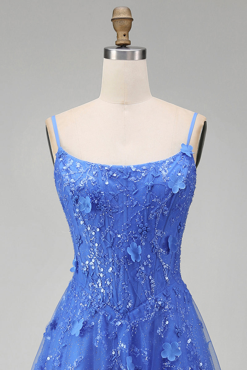 Load image into Gallery viewer, Corset Floral Beaded Dark Blue Sparkly A Line Long Prom Dress with Slit