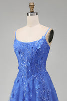 Load image into Gallery viewer, Corset Floral Beaded Dark Blue Sparkly A Line Long Prom Dress with Slit
