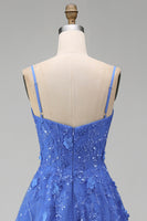 Load image into Gallery viewer, Corset Floral Beaded Dark Blue Sparkly A Line Long Prom Dress with Slit