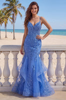 Load image into Gallery viewer, Floral Mermaid Glitter Corset Dark Blue Beaded Long Prom Dress with Ruffles