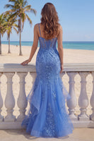 Load image into Gallery viewer, Floral Mermaid Glitter Corset Dark Blue Beaded Long Prom Dress with Ruffles