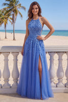 Load image into Gallery viewer, Floral A Line Glitter Long Corset Dark Blue Prom Dress with Slit