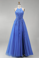 Load image into Gallery viewer, Floral A Line Glitter Long Corset Dark Blue Prom Dress with Slit