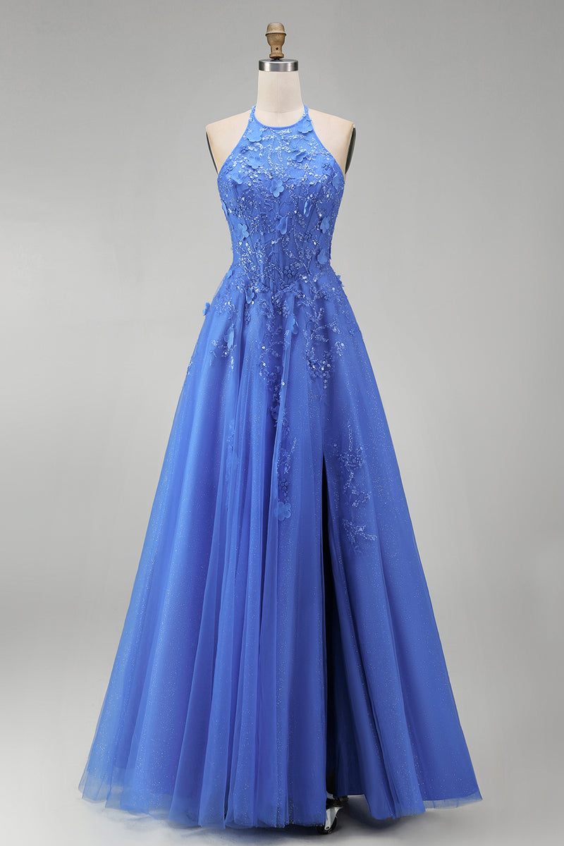 Load image into Gallery viewer, Floral A Line Glitter Long Corset Dark Blue Prom Dress with Slit