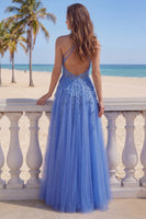 Load image into Gallery viewer, Floral A Line Glitter Long Corset Dark Blue Prom Dress with Slit