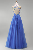 Load image into Gallery viewer, Floral A Line Glitter Long Corset Dark Blue Prom Dress with Slit