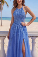 Load image into Gallery viewer, Floral A Line Glitter Long Corset Dark Blue Prom Dress with Slit
