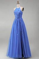 Load image into Gallery viewer, Floral A Line Glitter Long Corset Dark Blue Prom Dress with Slit