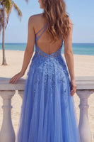 Load image into Gallery viewer, Floral A Line Glitter Long Corset Dark Blue Prom Dress with Slit
